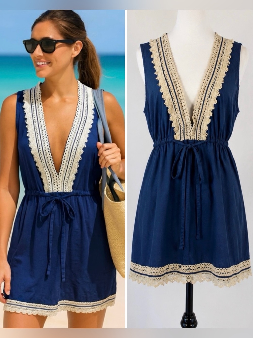 Mud Pie Navy Crochet Trim Swim Cover-Up Dress Sz Large💚